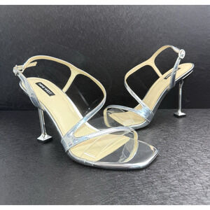 Nine West Heels Pumps Silver Faux Leather Stiletto Open Toe Wo's Size 10